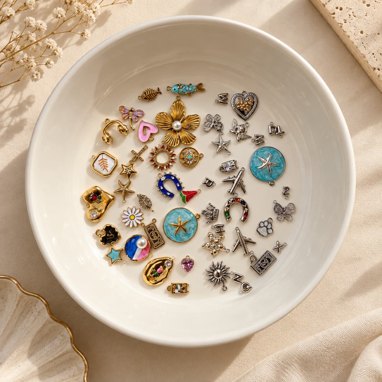 A ceramic dish holding an assortment of Lucky Charm Studio charms